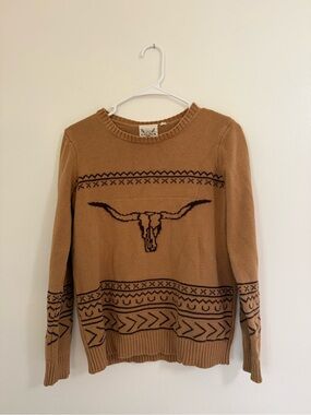 Rye Tan Crewneck Sweater with Western Longhorn Motif